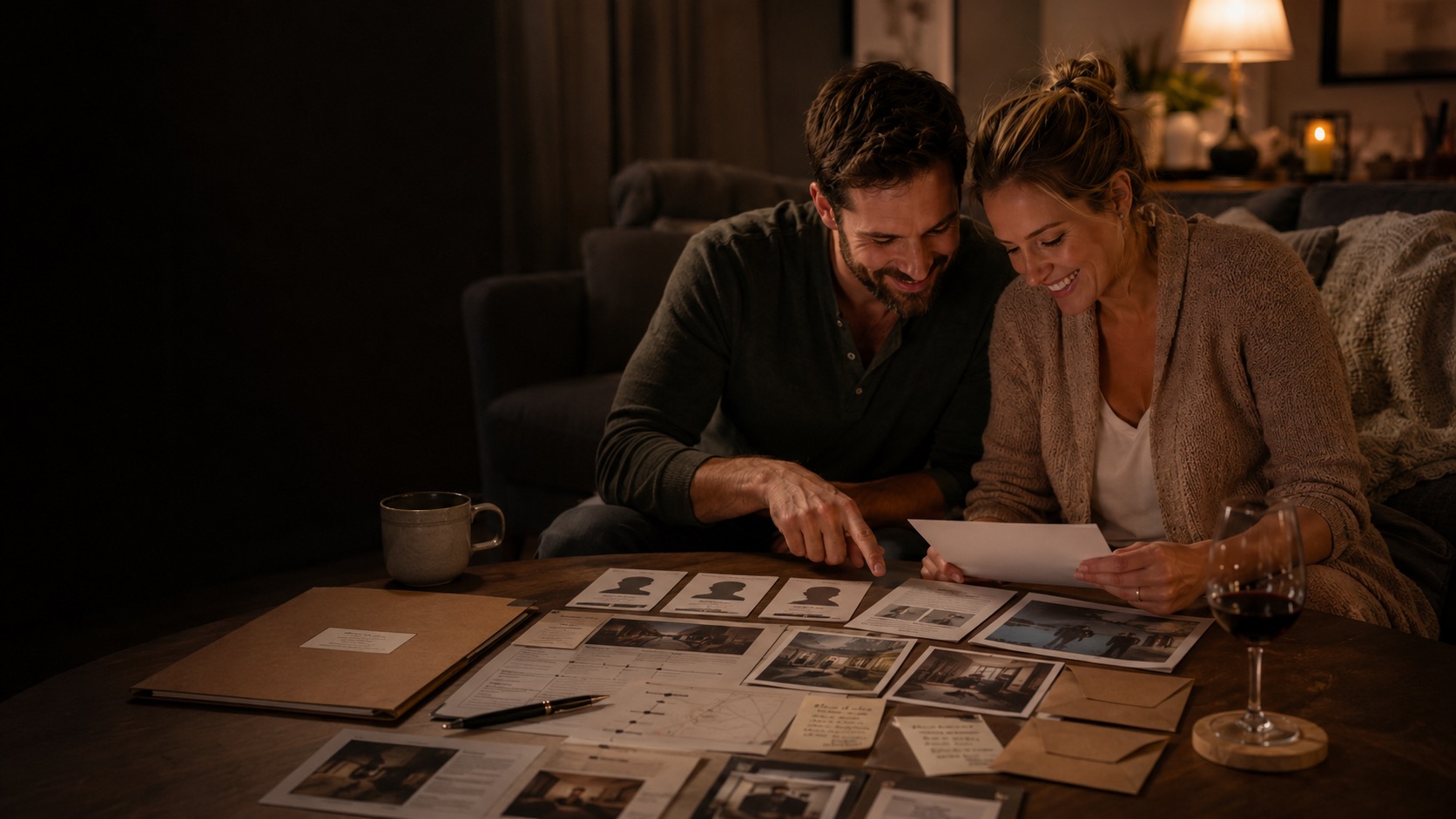 A couple at home reading the case file spread across their coffee table by lamplight